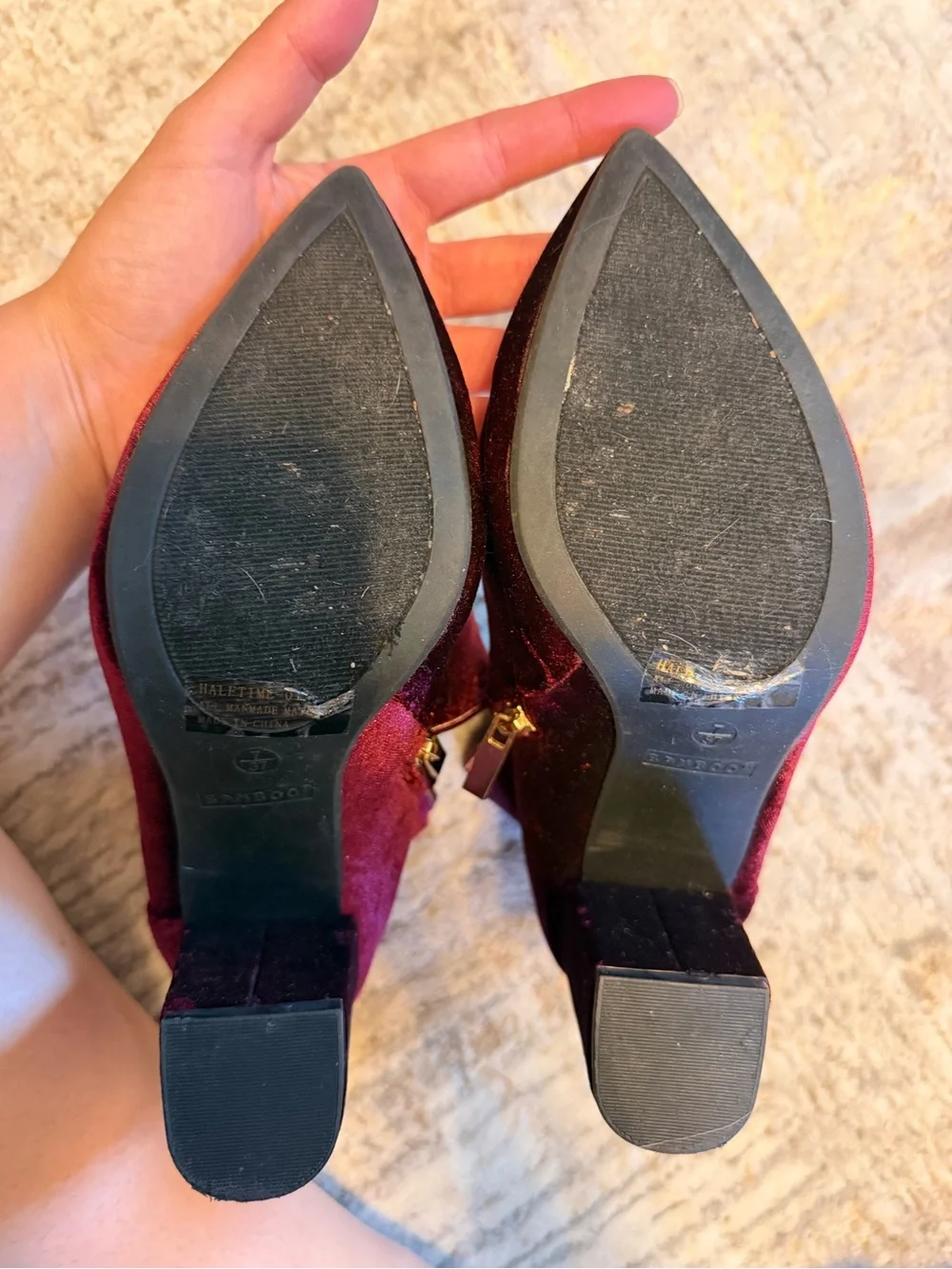 BAMBOO Burgundy Velvet Pointed-Toe Ankle Booties